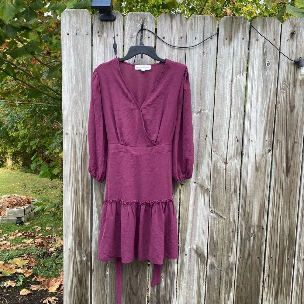 Emma & Michele Plum Purple Faux Wrap Ruffle Mini Dress Puff Sleeve Size Medium‎